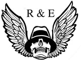 Skull with wings and 'R & E' text on a white background