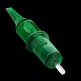 Green tattoo needle cartridge on a black background