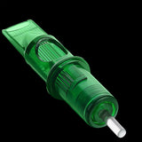 Green tattoo needle cartridge on a black background