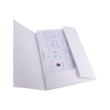 Open white book with printed content on a white background